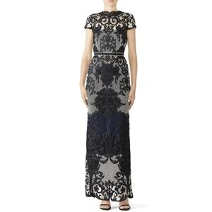 Marchesa Embroidered Gown Cap Sleeve Lace Sheath Black Blue Size 6